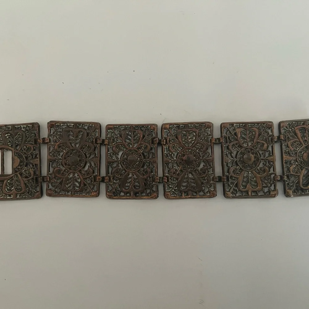 Vintage retro plated copper super wide bracelet, cuff ornate cut outs - Picture 5 of 5